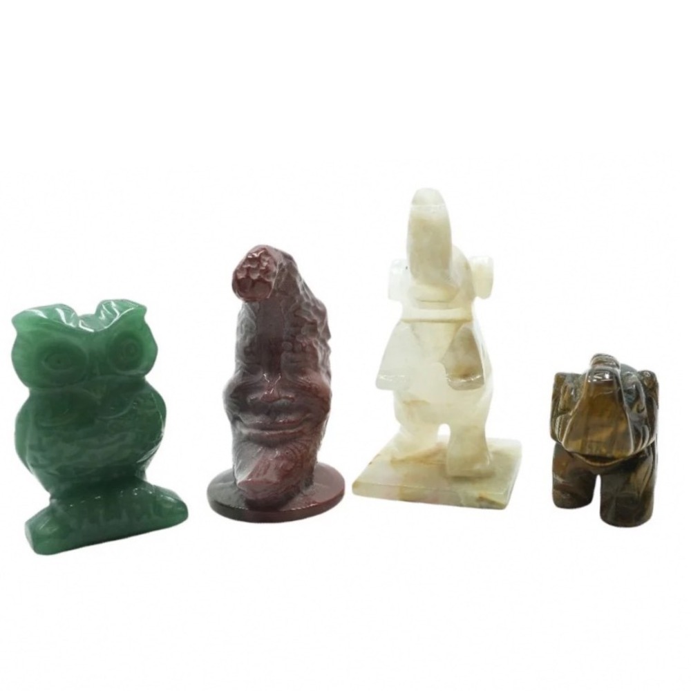 Set of 4 Hand Carved Gem Stone Crystal Animal Figurines Owl Elephants Moon